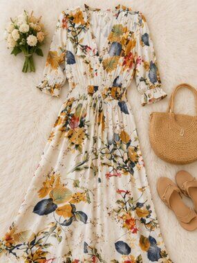 Cottagecore Romantic Floral Maxi Ruffle Hem Vacation L